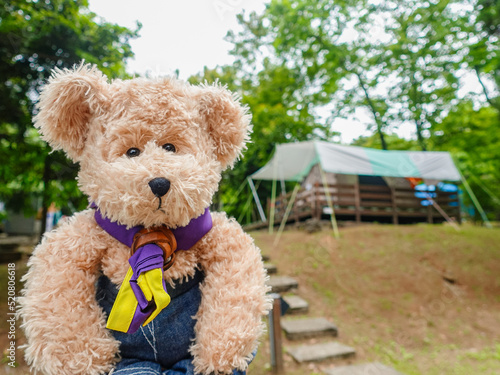 Scout bear stands in front of a pitched tent.Shallow depth of field composition and sunny day scene. 