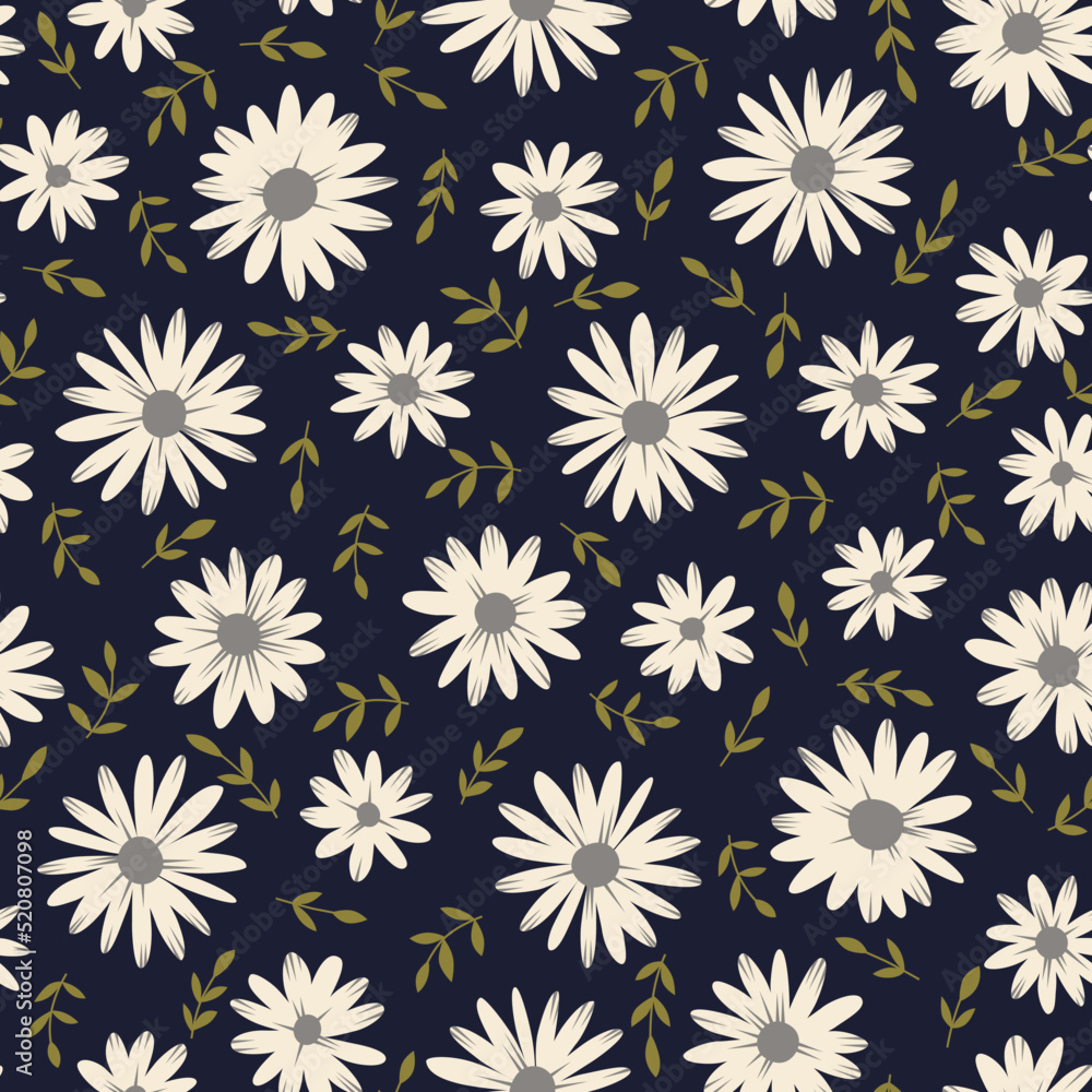 Chamomile seamless pattern. Dark blue floral background