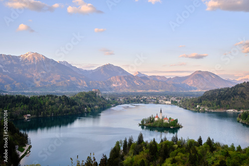 the sunset in the bled lake
