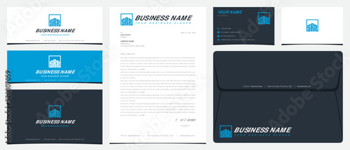 house or building logo with initials SRP with stationery, business cards and social media banner designs