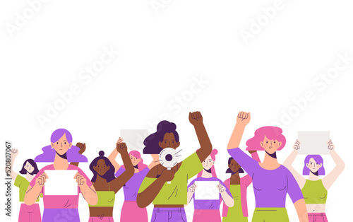 Protest for women's rights concept. Group of girls stand with fists up. Raising voice with megaphone and banner