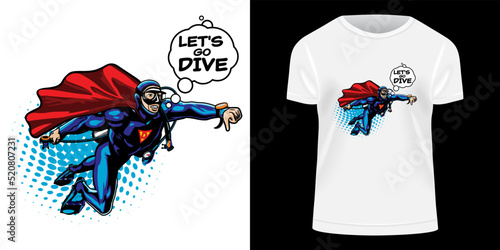 Diver in a wetsuit and with a scuba in the pose of a flying person showing the command to dive. Let's go dive. Print design for t-shirts, poster, sticker. Vector illustration on white background