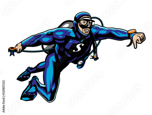 Diver in a wetsuit and with a scuba in the pose of a flying person showing the command to dive. Let's go dive. Print design for t-shirts, poster, sticker. Vector illustration on white background
