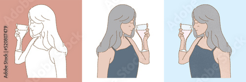 Relaxed young lady drinking wine or champagne from a glass. Woman enjoying her drinks. Set of different styles hand drawn flat vector illustration isolated on colored background.