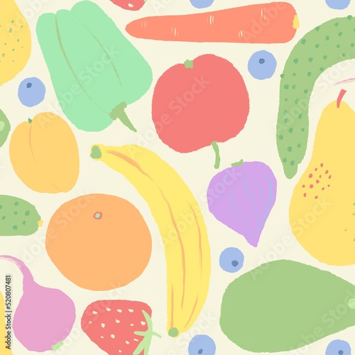 Seamless pattern with fruits berries and vegetables cartoon style handdrawn colorful