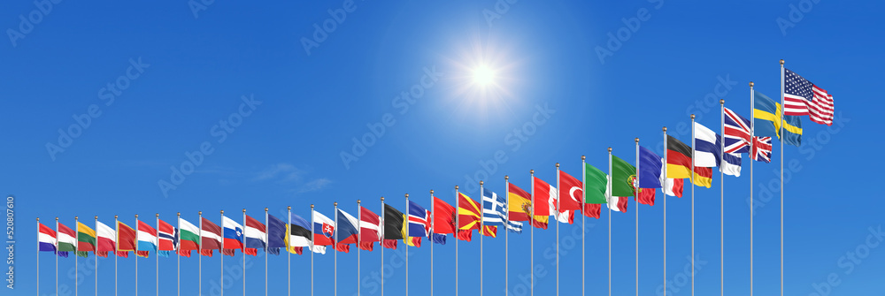 Flags of NATO - North Atlantic Treaty Organization, Sweden, Finland. - 3D illustration. Isolated on blue background. Flags of NATO - North Atlantic Treaty Organization, Sweden, Finland. - 3D illustration. Isolated on blue background.