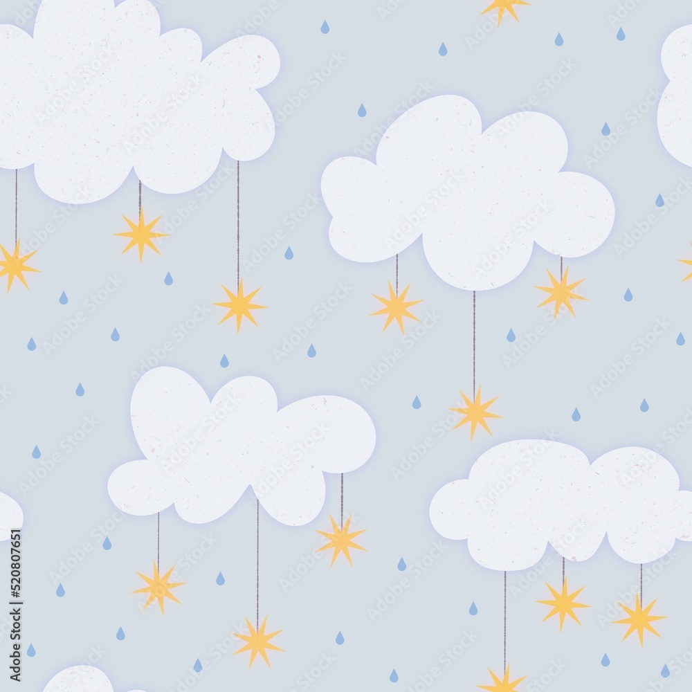 Seamless pattern with clouds, stars and rain handdrawn 