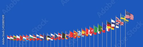 Flags of NATO - North Atlantic Treaty Organization, Sweden, Finland.  - 3D illustration.  Isolated on blue background.