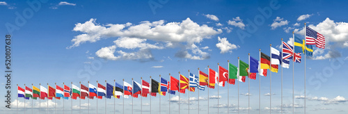 Flags of NATO - North Atlantic Treaty Organization, Sweden, Finland.  - 3D illustration.  Isolated on blue background.