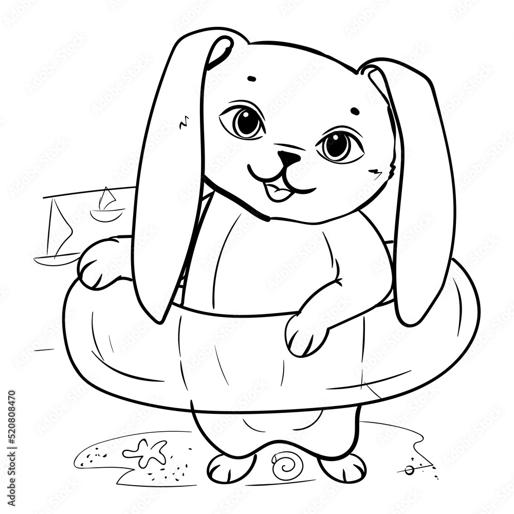 Bunny on the beach. Inflatable circle for swimming. Summer entertainment. Coloring book for children. Vector illustration isolated on white background. Bunny on the beach. Inflatable circle for swimming. Summer entertainment. Coloring book for children. Vector illustration isolated on white background.