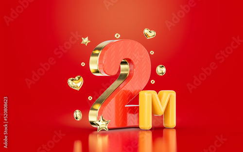 red golden number 2m two million social media followers Subscribers celebration 3d render photo