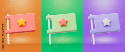 flag sign with star orange green and purple background color 3d render concept for mark location