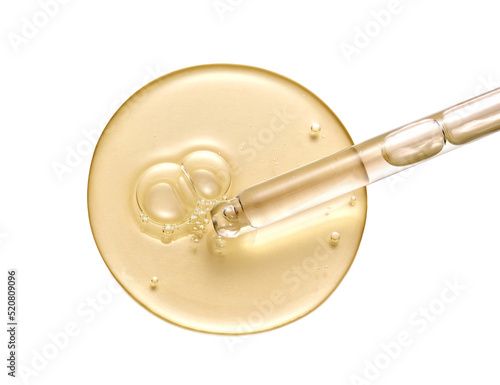 Cosmetic serum gel beauty drop and cosmetic pipette on white background. Skincare beauty product with bubbles texture.	