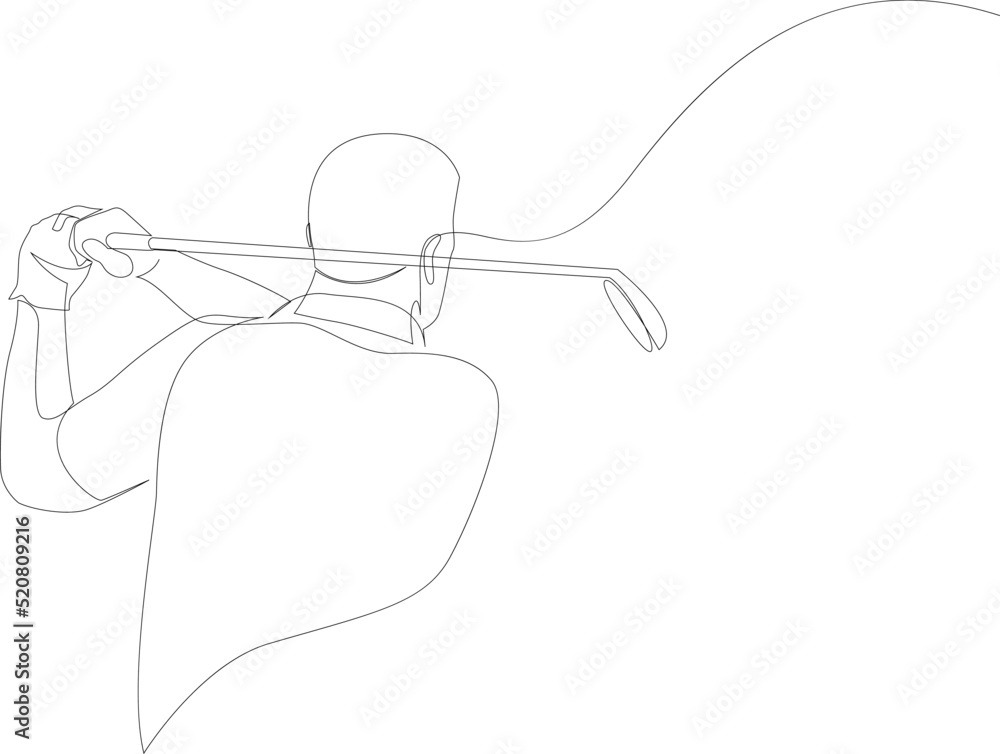 Continuous line drawing of male golfer playing golf. Male golf player on professional golf
