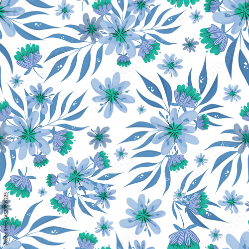 Seamless pattern with vector cold blue flowers and tropical leaves. Cartoon forest design in blue, mint, white, and cobalt leaf. Flat design