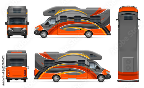 RV motorhome vector mockup on white for vehicle branding  corporate identity. View from side  front  back and top. All elements in the groups on separate layers for easy editing and recolor.