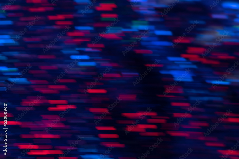 Blur neon glow. Fluorescent abstract background. Futuristic sparks. Defocused navy blue magenta pink color light flare lines motion on dark black.