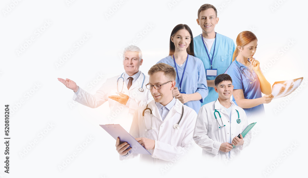 Collage with different doctors on white background