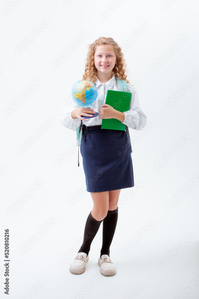 schoolgirl teenage girl in school uniform with a briefcase holding a book , walking on a white background schoolgirl teenage girl in school uniform with a briefcase holding a book , walking on a white background