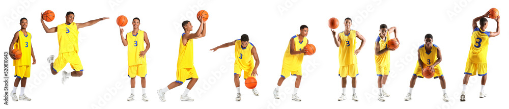 Set of young African-American basketball player on white background Set of young African-American basketball player on white background