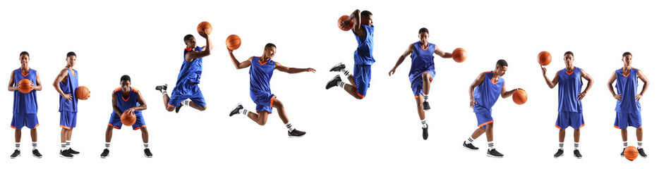 Set of young African-American basketball player on white background