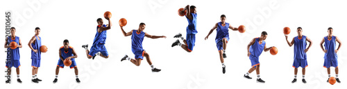 Set of young African-American basketball player on white background