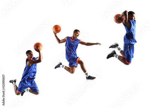 Set of young African-American basketball player on white background photo