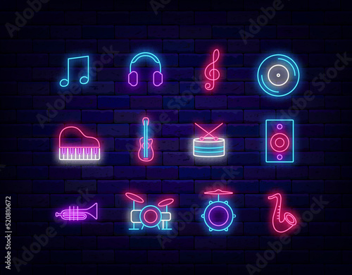 Music neon icons collection. Notes, headphones and musical instrument. Drum kit. Music store emblem. Vector illustration photo