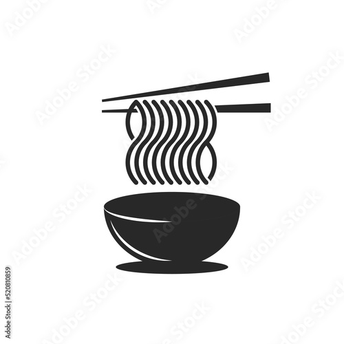 Bowl of noodles logo, plate of ramen soup and noodle chopsticks black and white food illustration in minimal style.