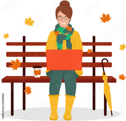 Young happy woman sitting on the bench in the autumn park with coffee and laptop. Freelancer concept. Vector illustration