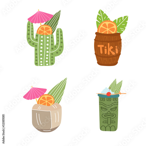 Vector tiki cocktails illustration set isolated on white background. Hand drawn icons set for summer bar menu