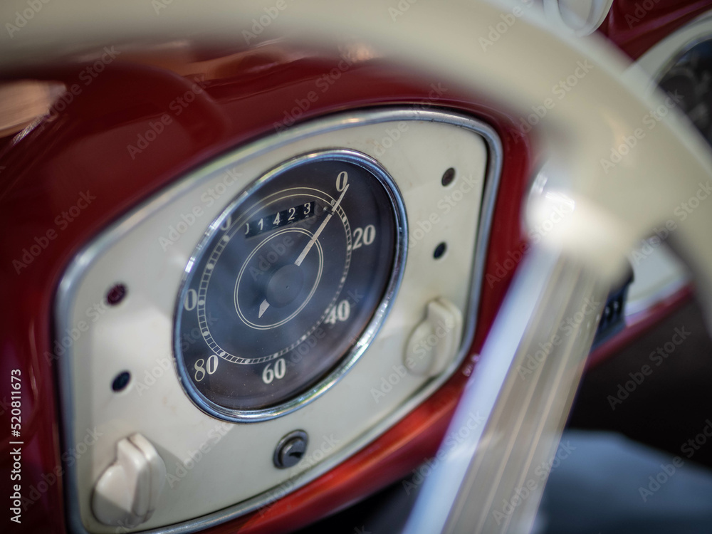Dashboard and steering wheel of old-timer car Dashboard and steering wheel of old-timer car