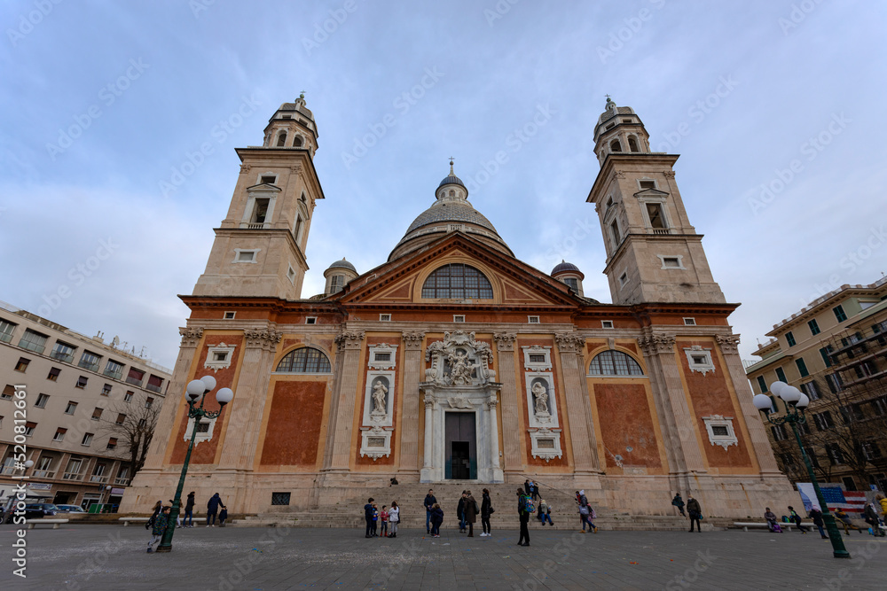 GENOA, ITALY, FEBRUARY 22, 2022 - View of the Basilica of Santa Maria Assunta in Carignano in Genoa, Italy.