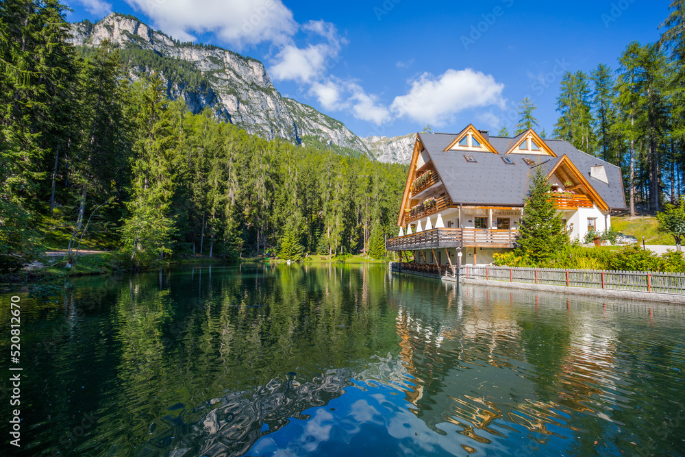 BADIA, ITALY, SEPTEMBER 2, 2021 - View of Sompunt lake in Badia, Bolzano province, Italy.