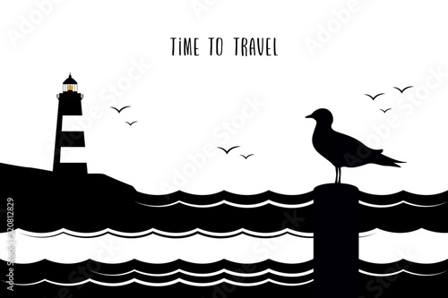 sea gull silhouette on lighthouse seascape at night
