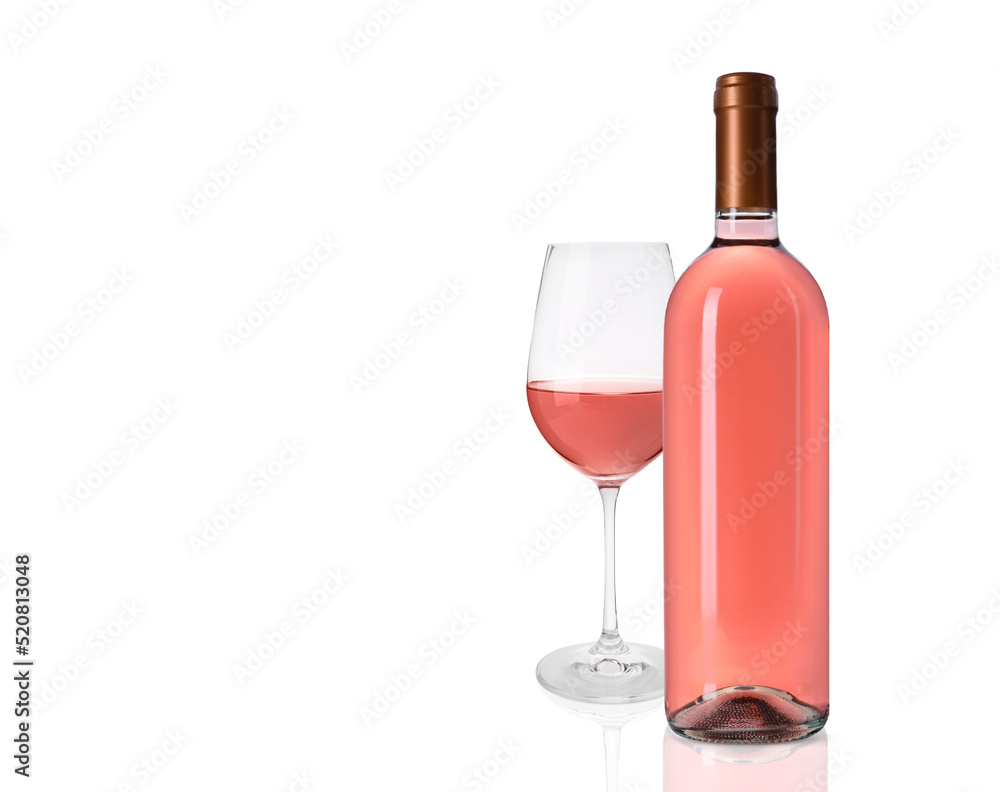Bottle and glass of delicious rose wine on white background Bottle and glass of delicious rose wine on white background