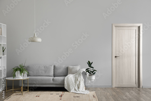 Grey sofa and table with ho...