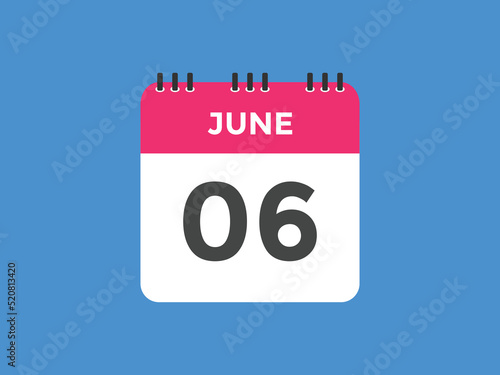 june 6 calendar reminder. 6th june daily calendar icon template. Vector illustration 