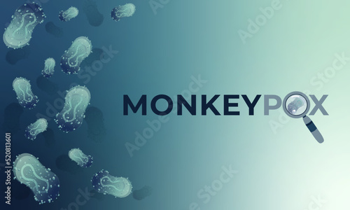 Monkeypox virus cells on blurred background. Vector illustration of Monkeypox virus outbreak medical banner. Monkey pox microbiological vector background, flyer, poster or news