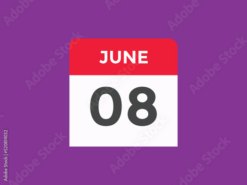 june 8 calendar reminder. 8th june daily calendar icon template. Vector illustration 