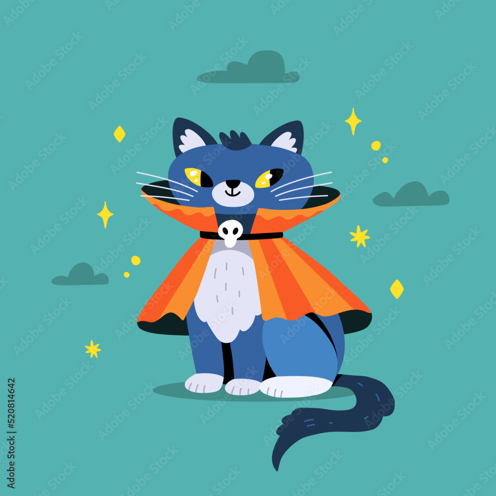 Cute halloween cat sits in orange cloak with skull decoration. Expressive animal character. Flat hand drawn cartoon vector illustration Cute halloween cat sits in orange cloak with skull decoration. Expressive animal character. Flat hand drawn cartoon vector illustration