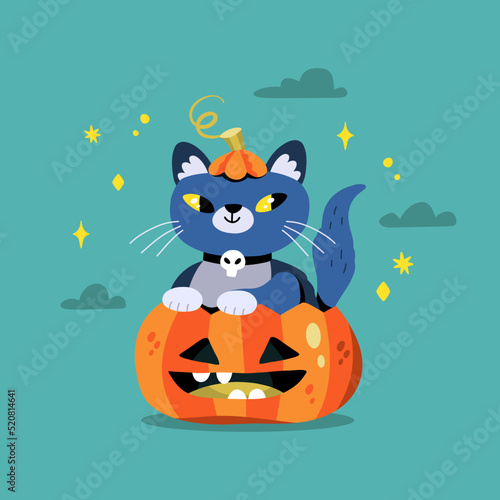 Cute Halloween cat with skull decoration looking out of the pumpkin. Expressive animal character. Flat hand-drawn cartoon vector illustration