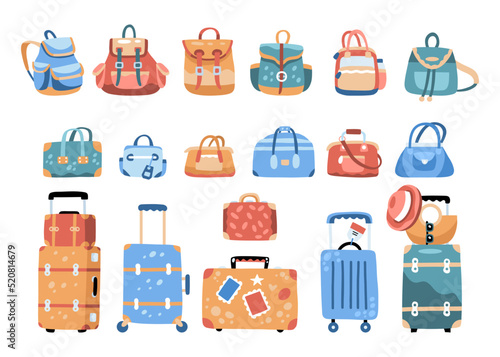 Big set of luggage for comfortable trip. 20 various bags, suitcases and backpacks  for stickers, web design, social media and advertisement. Tourism day. Hand drawn cartoon flat vector illustration