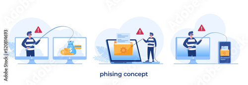 Phishing, Hacker Attack Concept. Hackers Stealing Personal Data. Internet Security with Tiny Character Insert Password on Website, Bulgar Steal. Cartoon People Vector Illustration