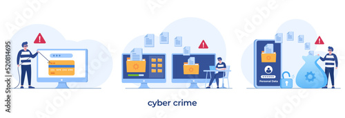 Cyber Crime, Hacker Attack Concept. Hackers Stealing Personal Data. Internet Security with Tiny Character Insert Password on Website, Bulgar Steal. Cartoon People Vector Illustration