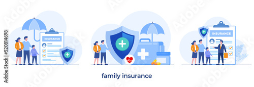 family insurance, health assurance, budget, shield and umbrella, protection, flat illustration vector landing page
