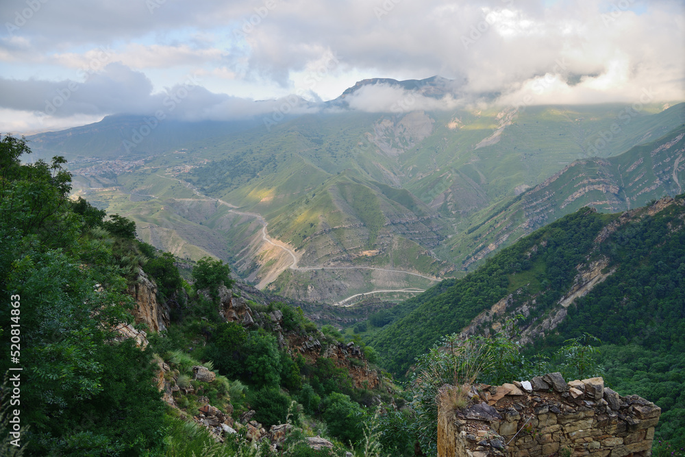 View from abandoned mountain village Gamsutl. Dagestan, Russia