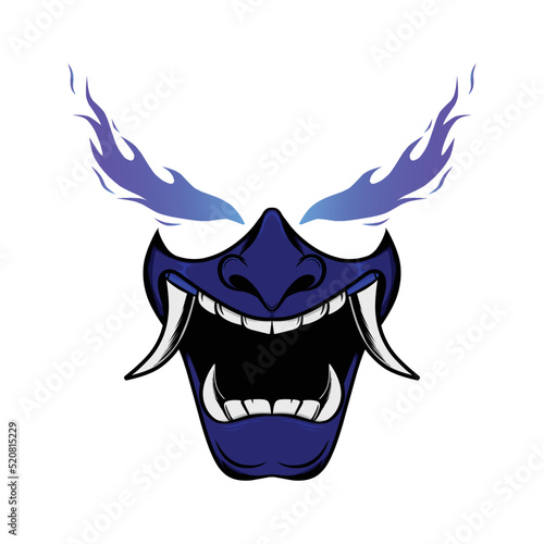 Oni Traditional Japanese Demon Mask with Fire in Eyes Illustration. Mask Designs for T-shirts, Tattoos, Stickers, Gaming Logos or Posters