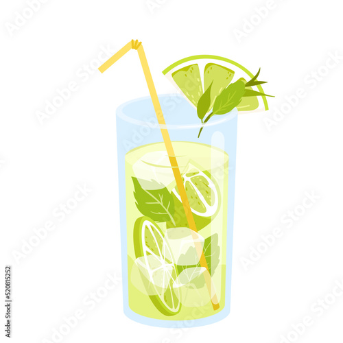 Mojito cocktail in glass with straw vector illustration. Cartoon isolated summer alcohol drink with mint leaf, ice cubes, fresh sour lime and Cuban rum, refreshing tropical transparent beverage