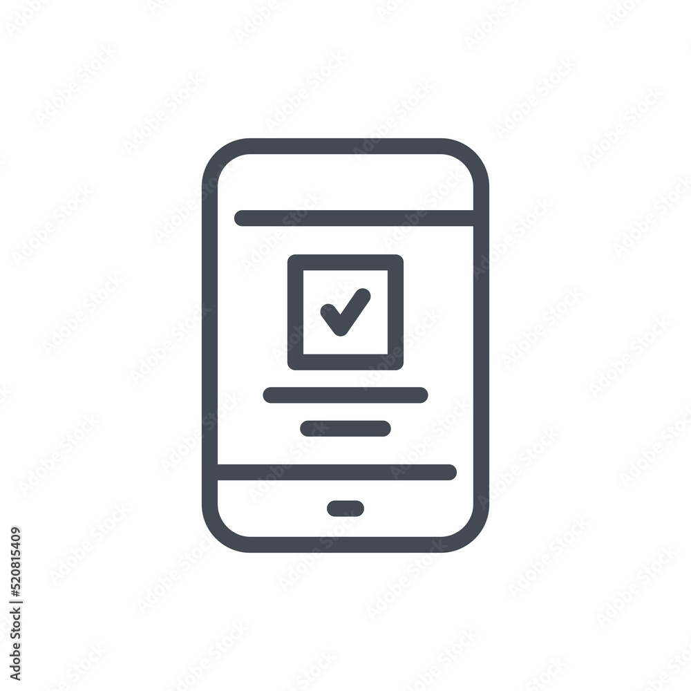 Mobile phone with online confirmation and approval line icon. Smartphone with check box and tick vector outline sign. Mobile phone with online confirmation and approval line icon. Smartphone with check box and tick vector outline sign.